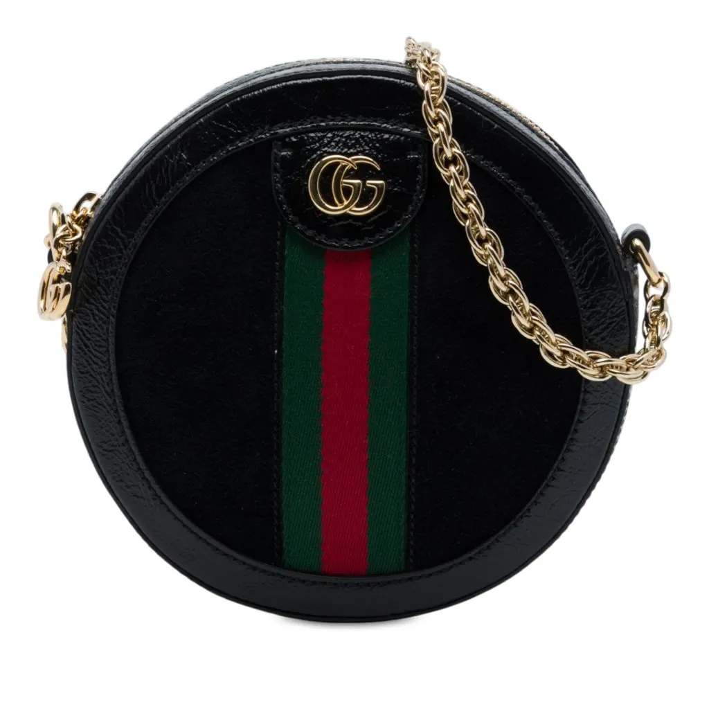 Gucci Mini Suede Web Ophidia Round Crossbody Black Leather Good - Front View