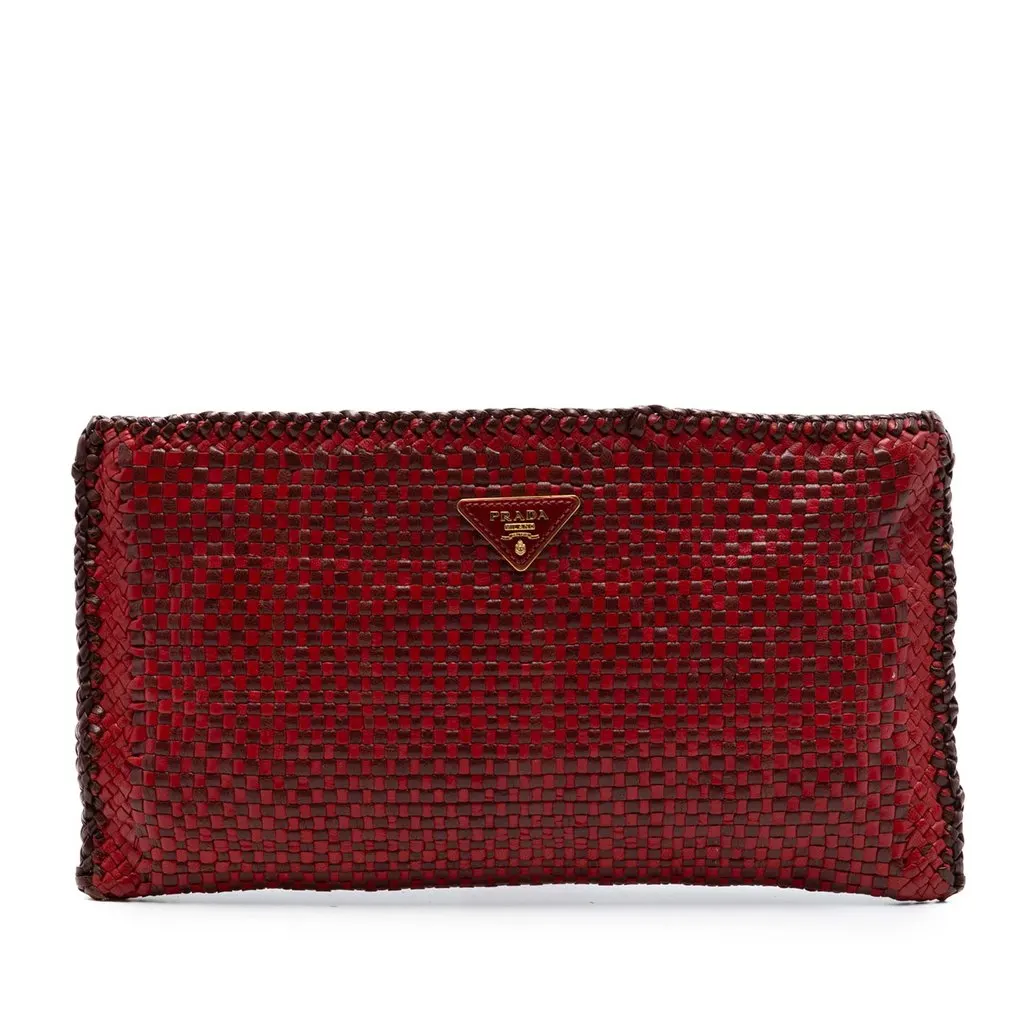Prada Woven Goatskin Madras Zip Clutch Red Leather Very good - Front View