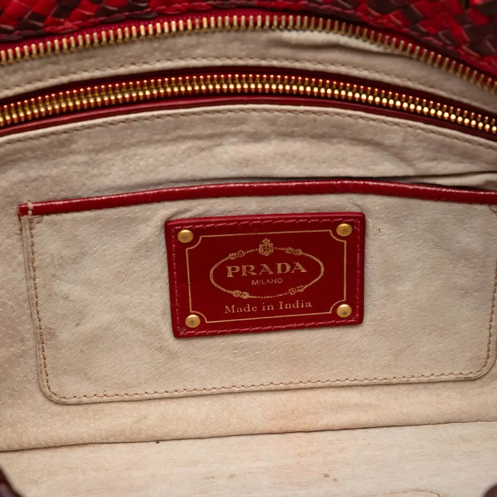 Prada Woven Goatskin Madras Zip Clutch Red Leather Very good - Model View