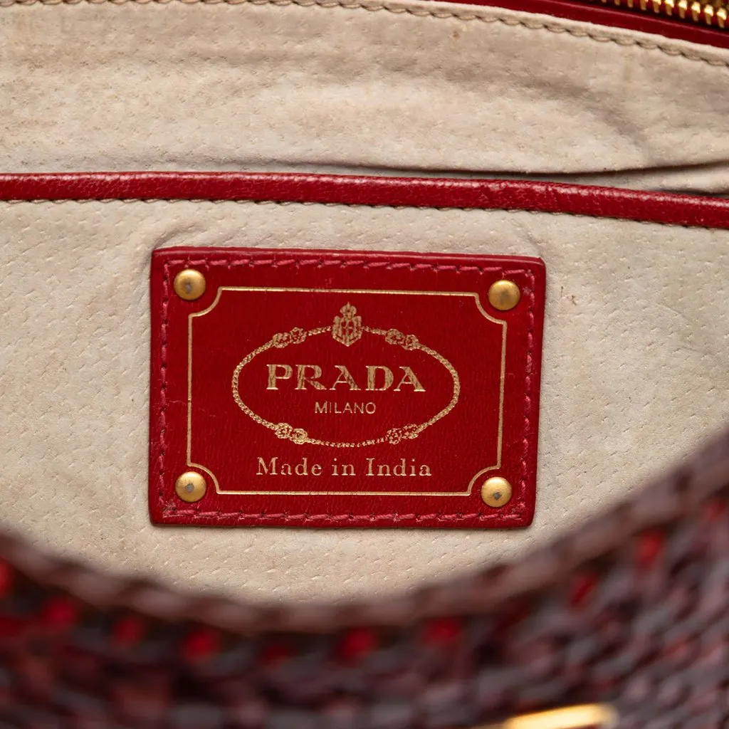 Prada Woven Goatskin Madras Zip Clutch Red Leather Very good - Box View