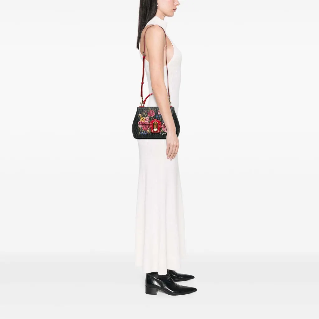 Dolce & Gabbana Calfskin Roses Print Lucia Satchel Black Leather Very good - Box View