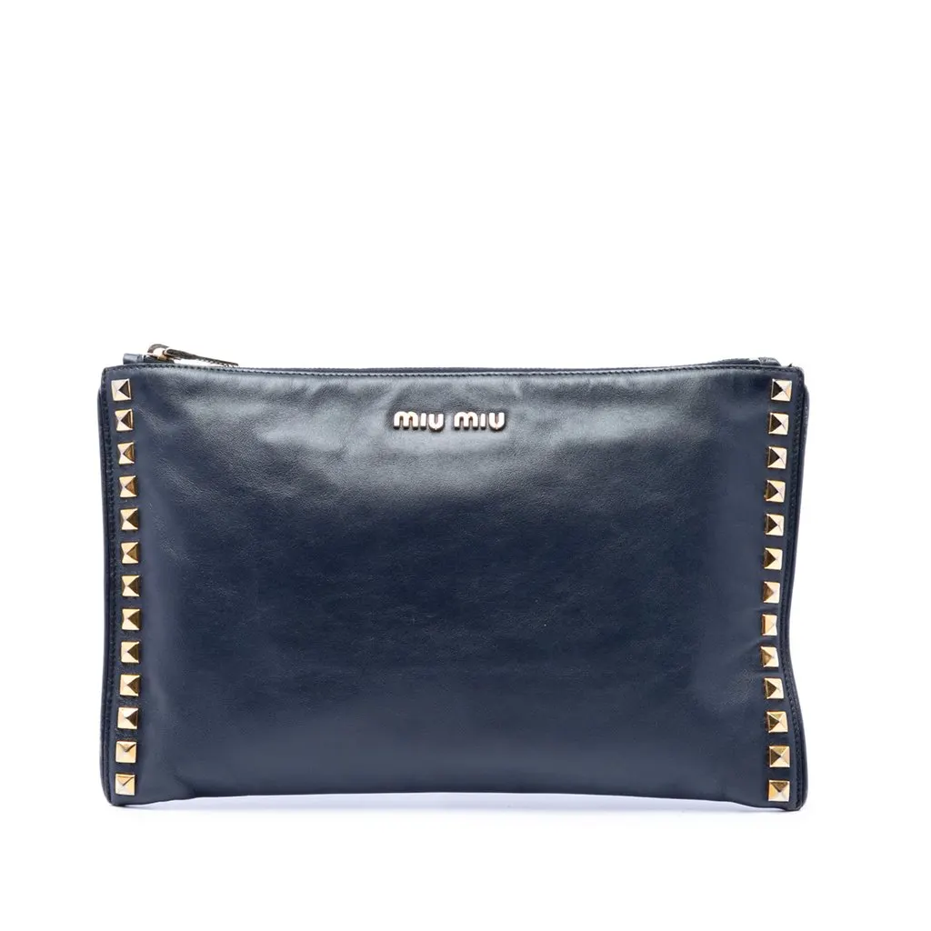Miu Miu Studded Leather Zip Clutch Blue Leather Very good - Front View