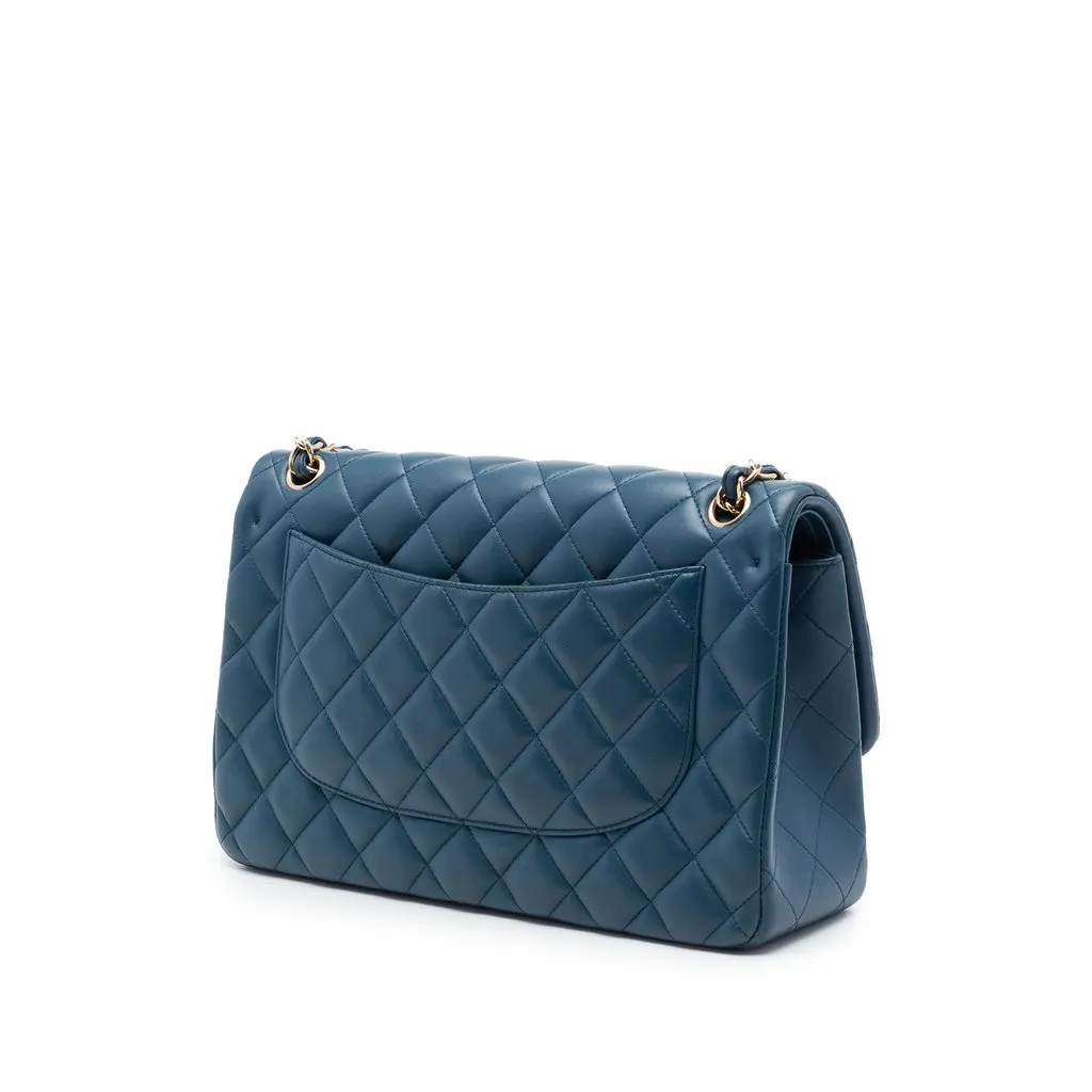 Chanel Jumbo Classic Lambskin Double Flap Blue Leather Very good - Back View