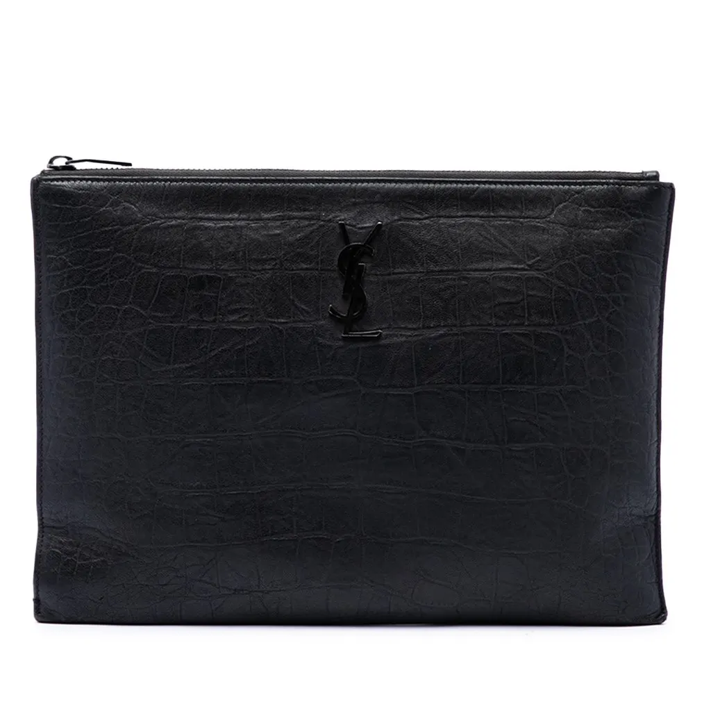 Saint Laurent Croc Embossed Leather Monogram iPad Case Black Leather Good - Front View