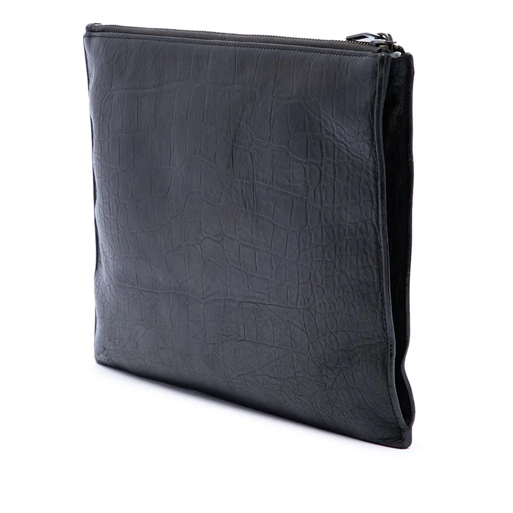 Saint Laurent Croc Embossed Leather Monogram iPad Case Black Leather Good - Back View