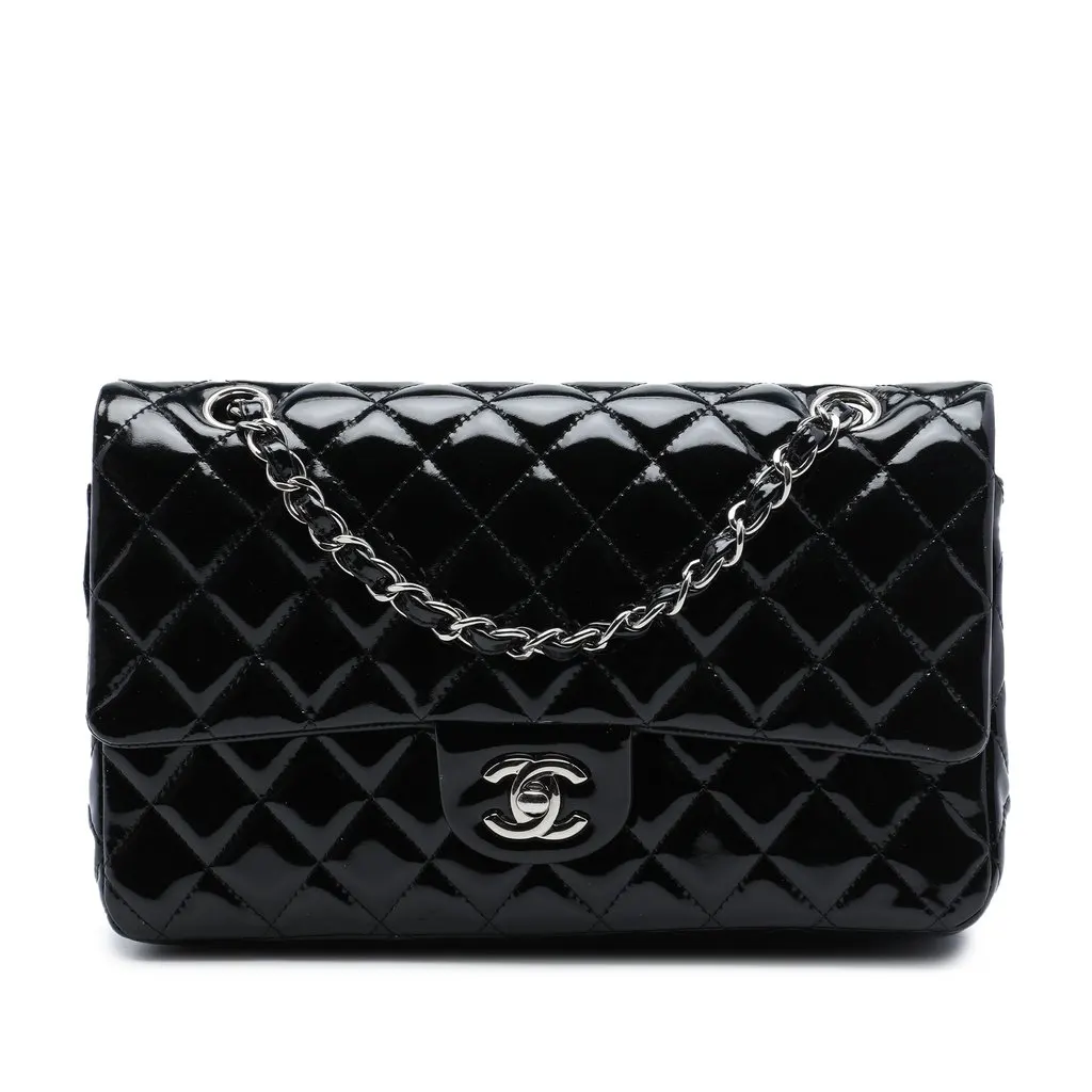 Chanel Medium Classic Patent Double Flap Black Leather Very good - Front View