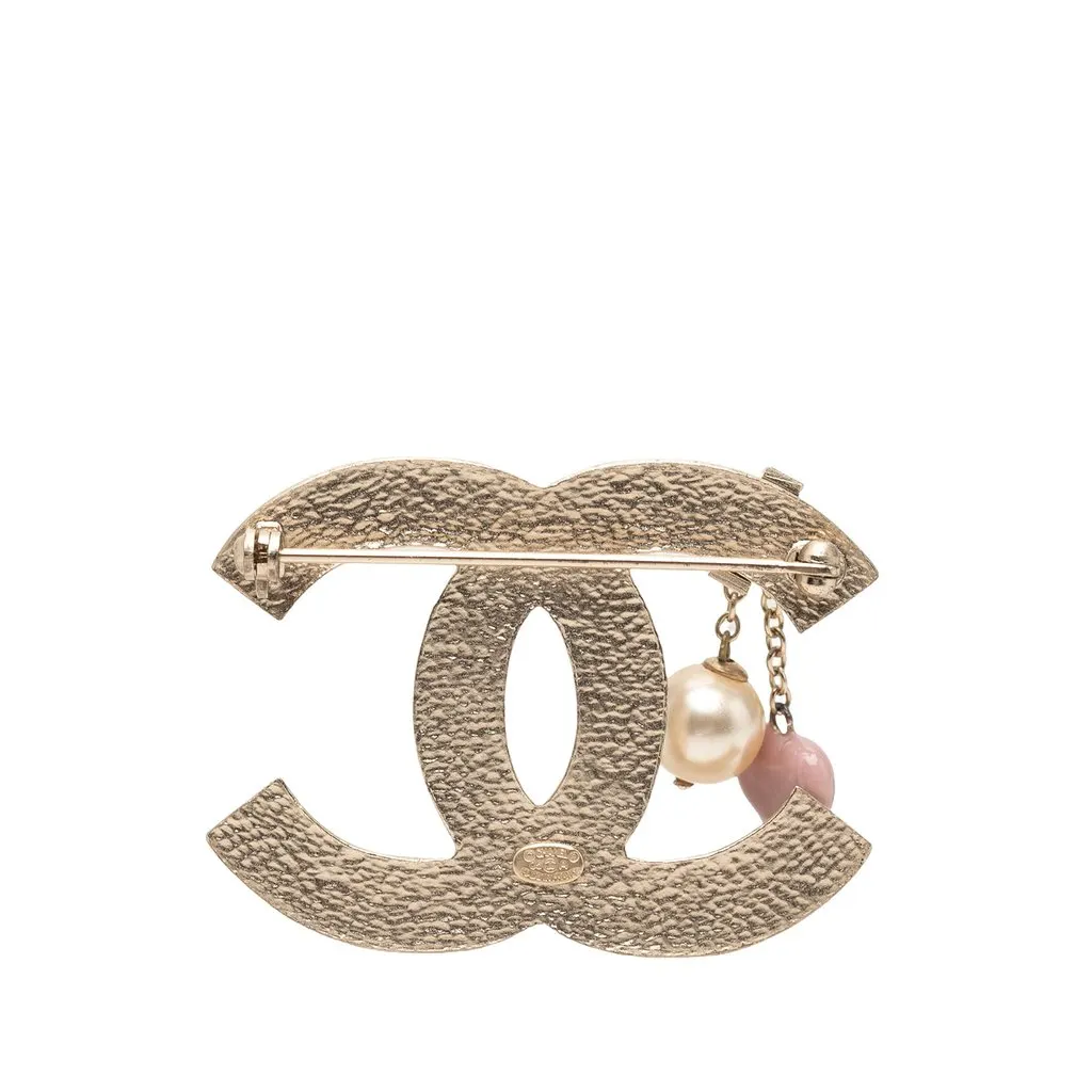 Chanel CC Gold Plated Enamel Heart and Faux Pearl Brooch Gold Metal Very good - Back View