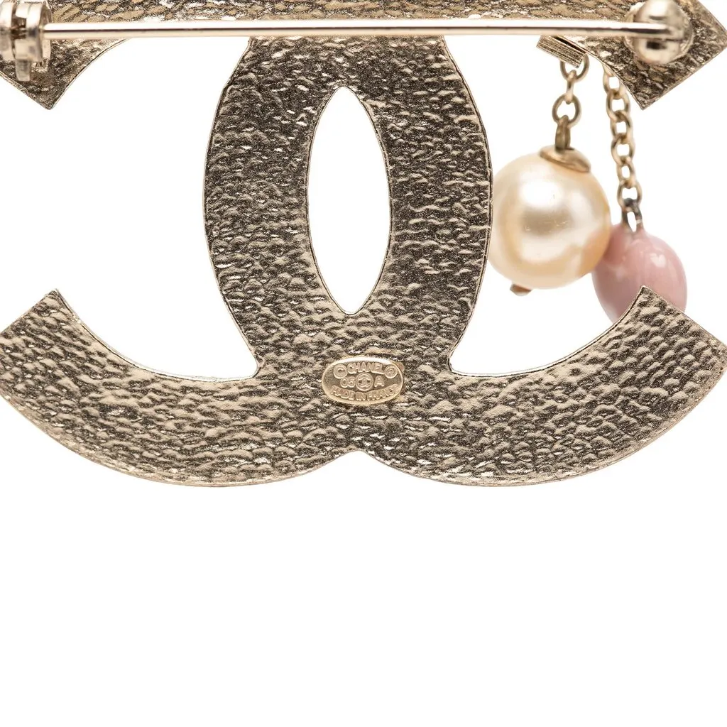 Chanel CC Gold Plated Enamel Heart and Faux Pearl Brooch Gold Metal Very good - Inside View