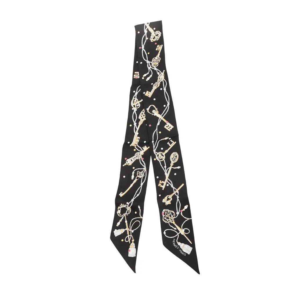 Hermès Les Cles a Pois Silk Twilly Scarf Black Silk Never worn - Front View
