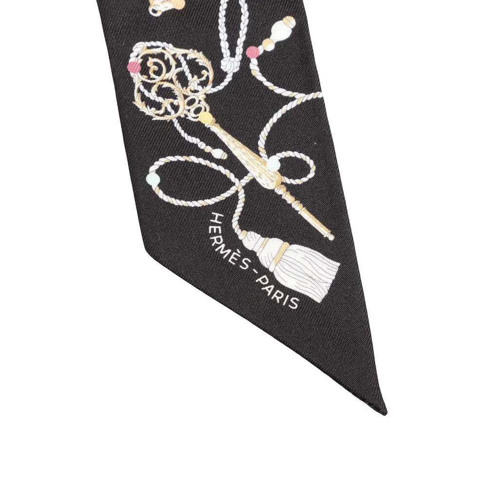 Hermès Les Cles a Pois Silk Twilly Scarf Black Silk Never worn - Back View