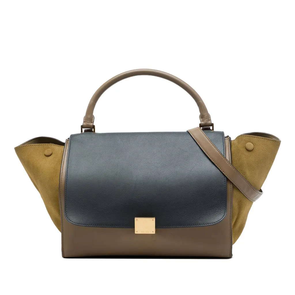 Celine Medium Tricolor Calfskin and Suede Trapeze Satchel Brown Leather Very good - Front View