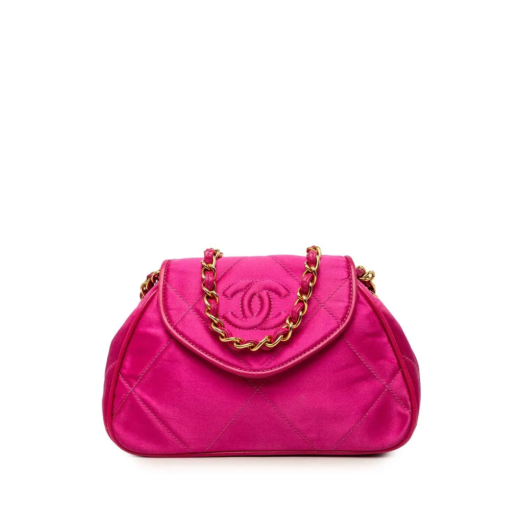 Chanel CC Quilted Satin Flap Crossbody Pink Satin Good - Front View