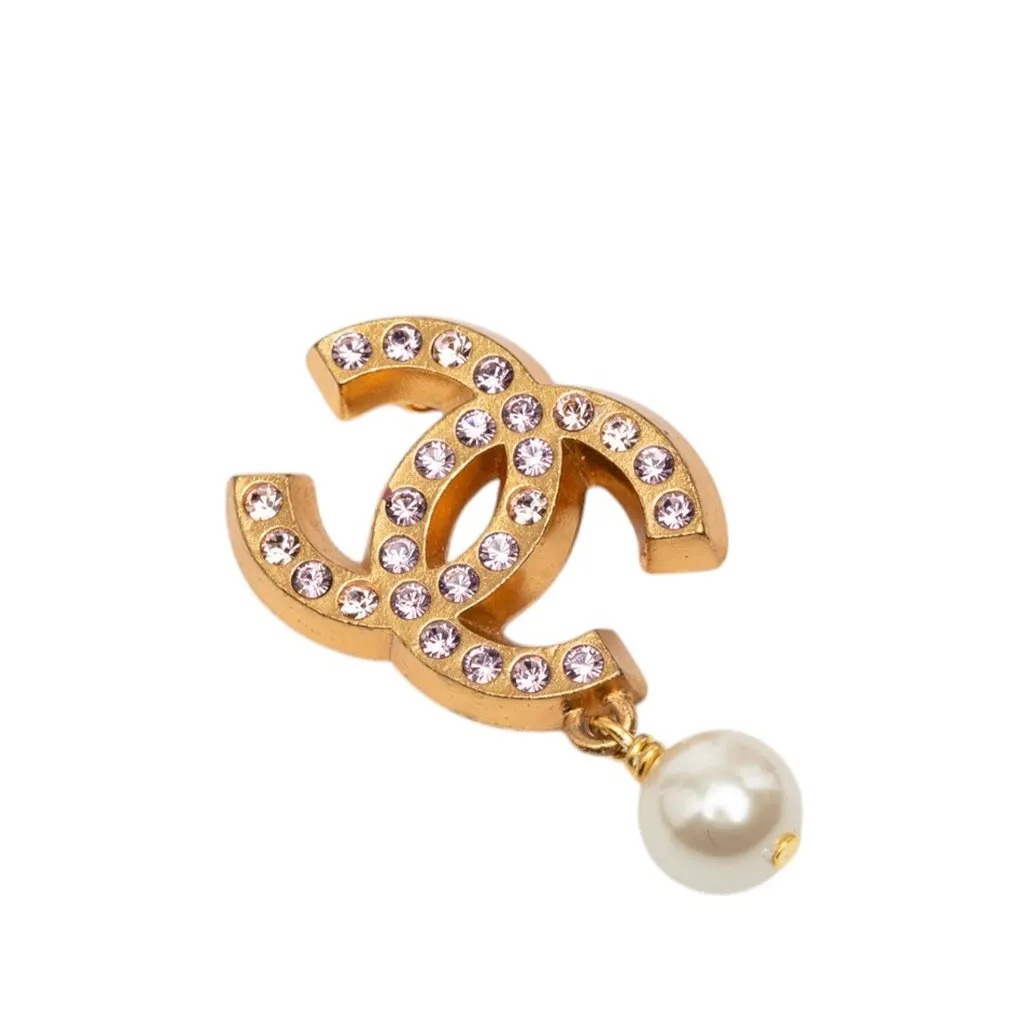 Chanel CC Gold Plated Strass and Faux Pearl Drop Brooch Gold Metal Very good - Front View