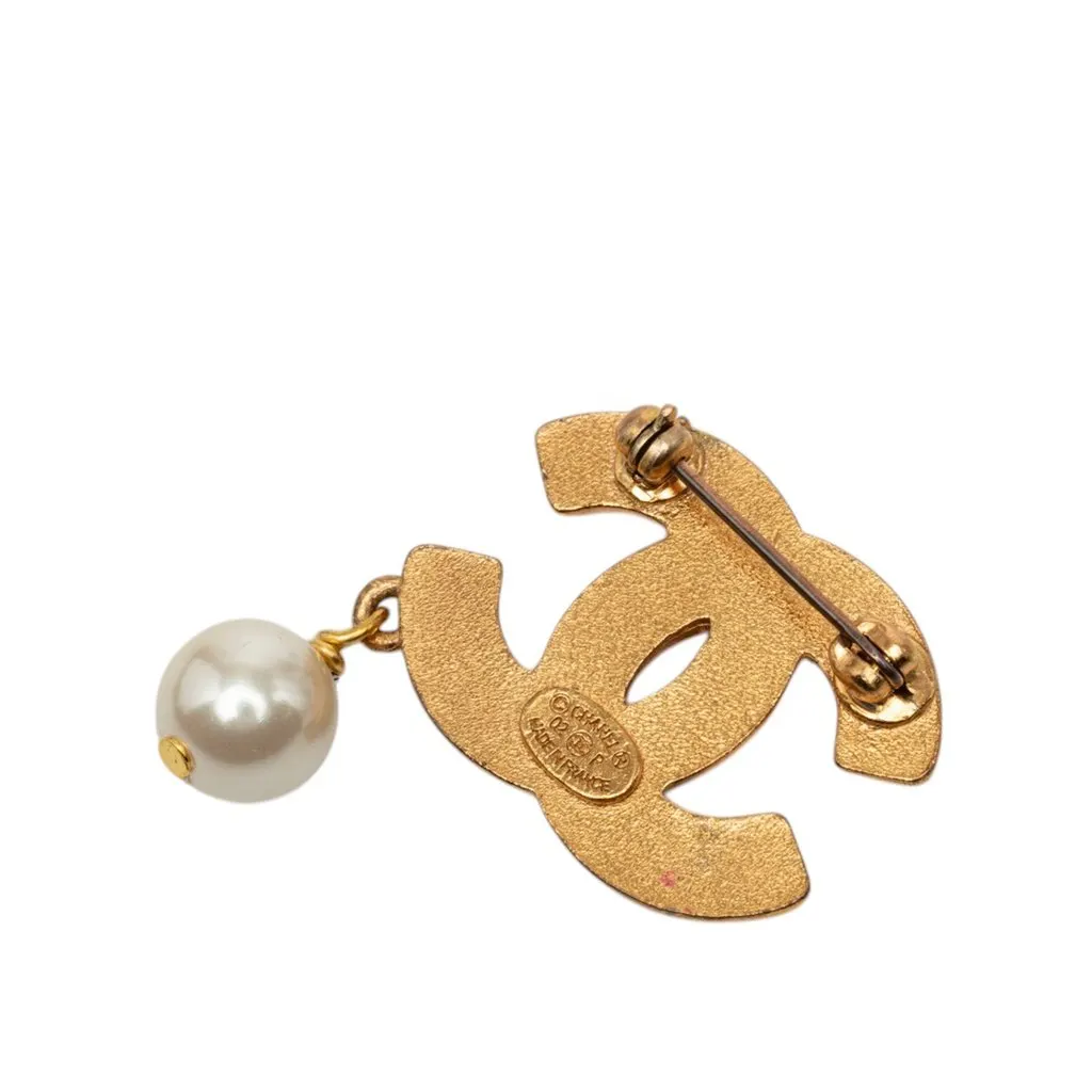 Chanel CC Gold Plated Strass and Faux Pearl Drop Brooch Gold Metal Very good - Back View