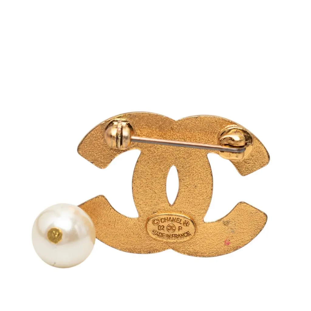 Chanel CC Gold Plated Strass and Faux Pearl Drop Brooch Gold Metal Very good - Inside View