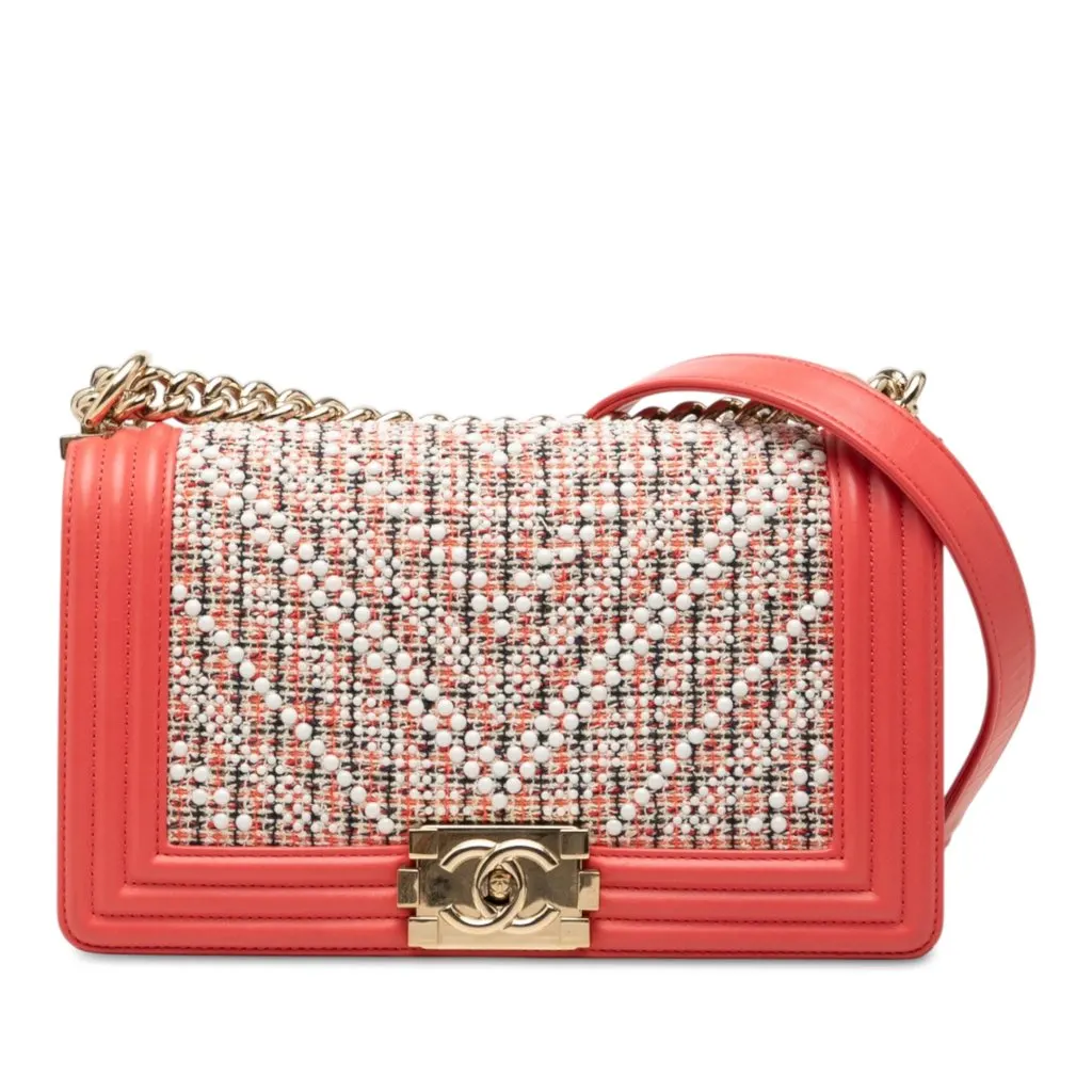 Chanel Small Chevron Tweed and Lambskin Pearl Boy Flap Pink Leather Good - Front View