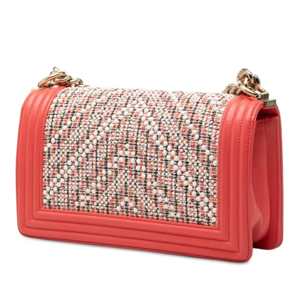 Chanel Small Chevron Tweed and Lambskin Pearl Boy Flap Pink Leather Good - Back View