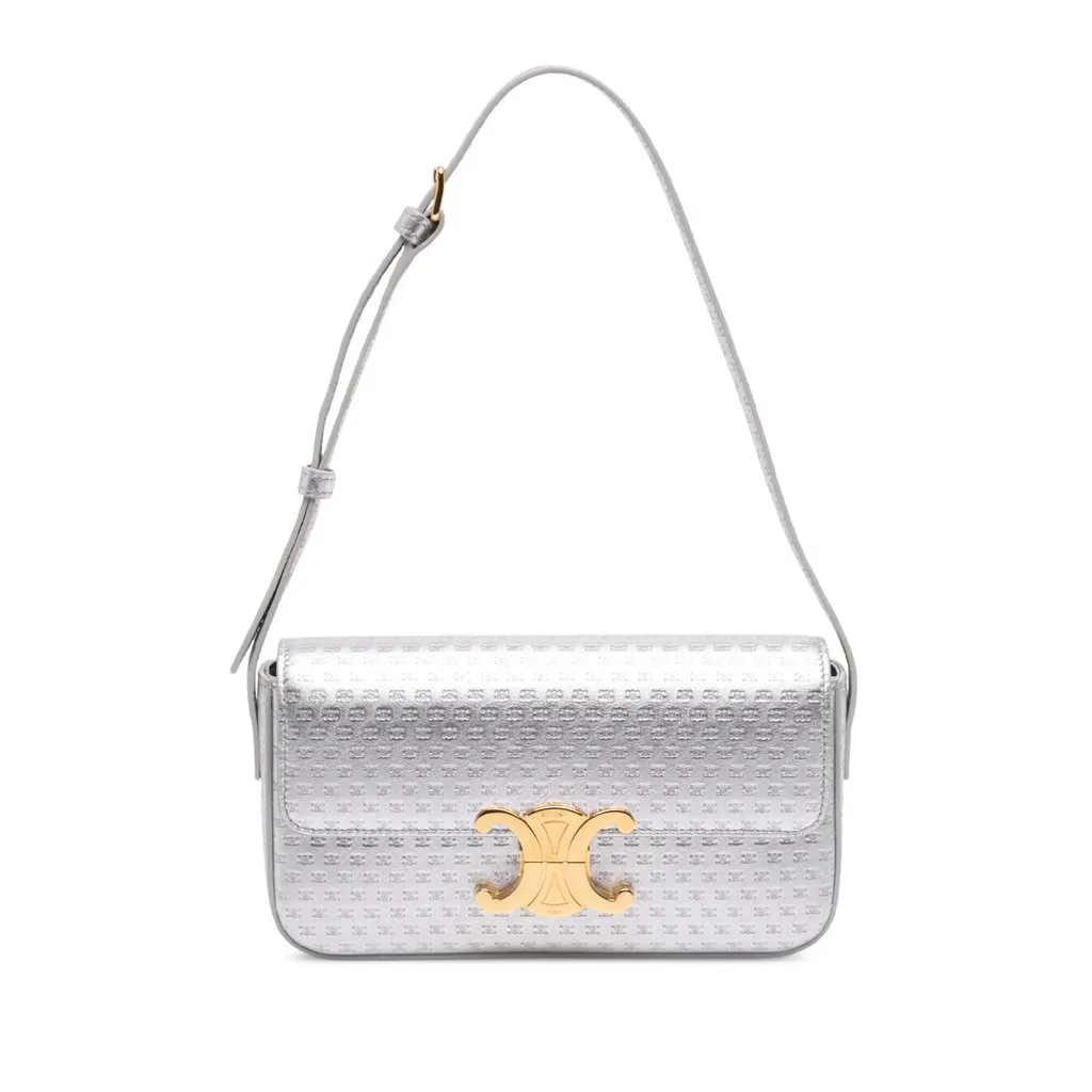 Celine Triomphe All Over Laminated Calfskin Claude Shoulder Bag Silver Leather Very good - Front View