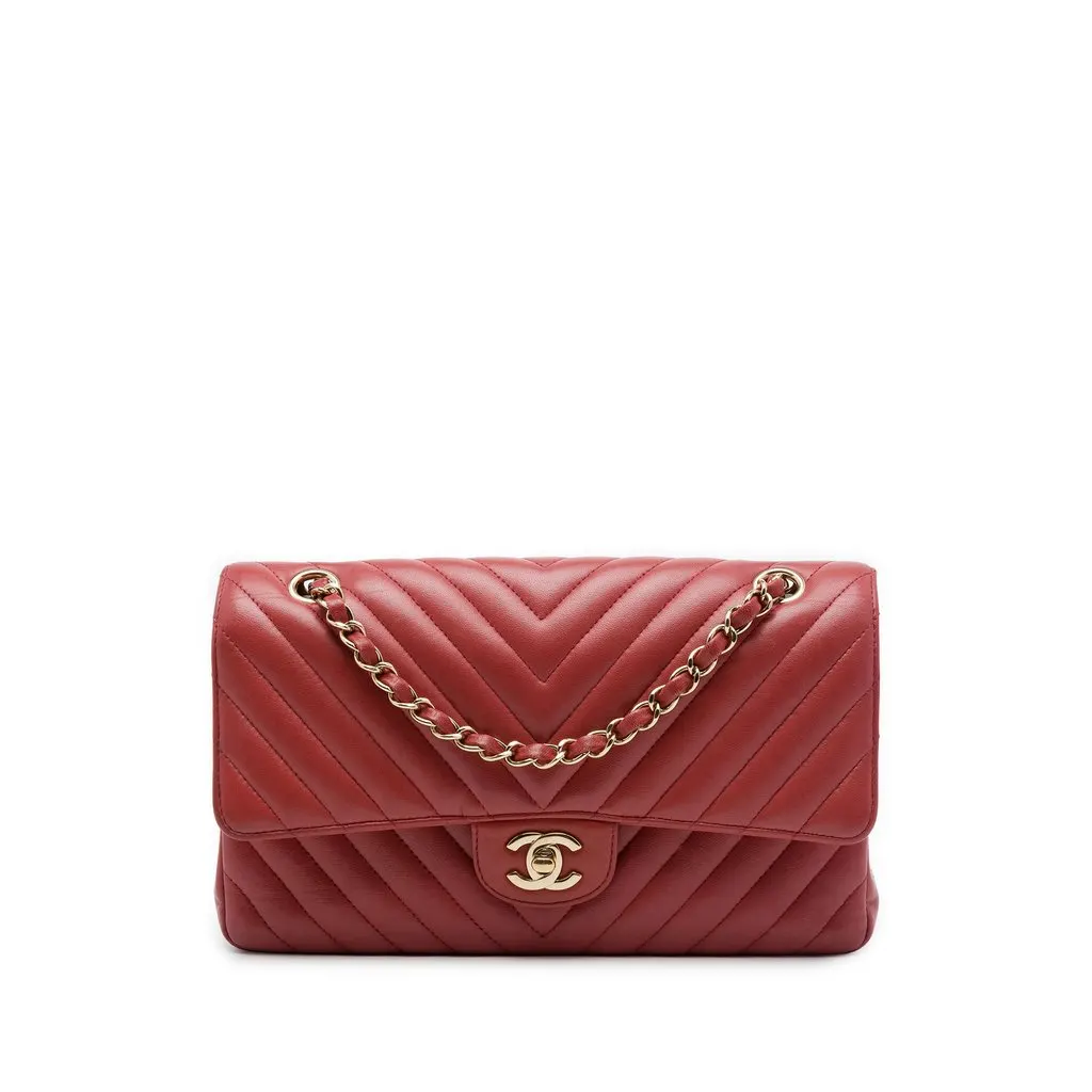 Chanel Medium Classic Chevron Lambskin Double Flap Red Leather Good - Front View