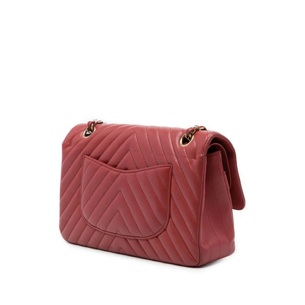 Chanel Medium Classic Chevron Lambskin Double Flap Red Leather Good - Back View