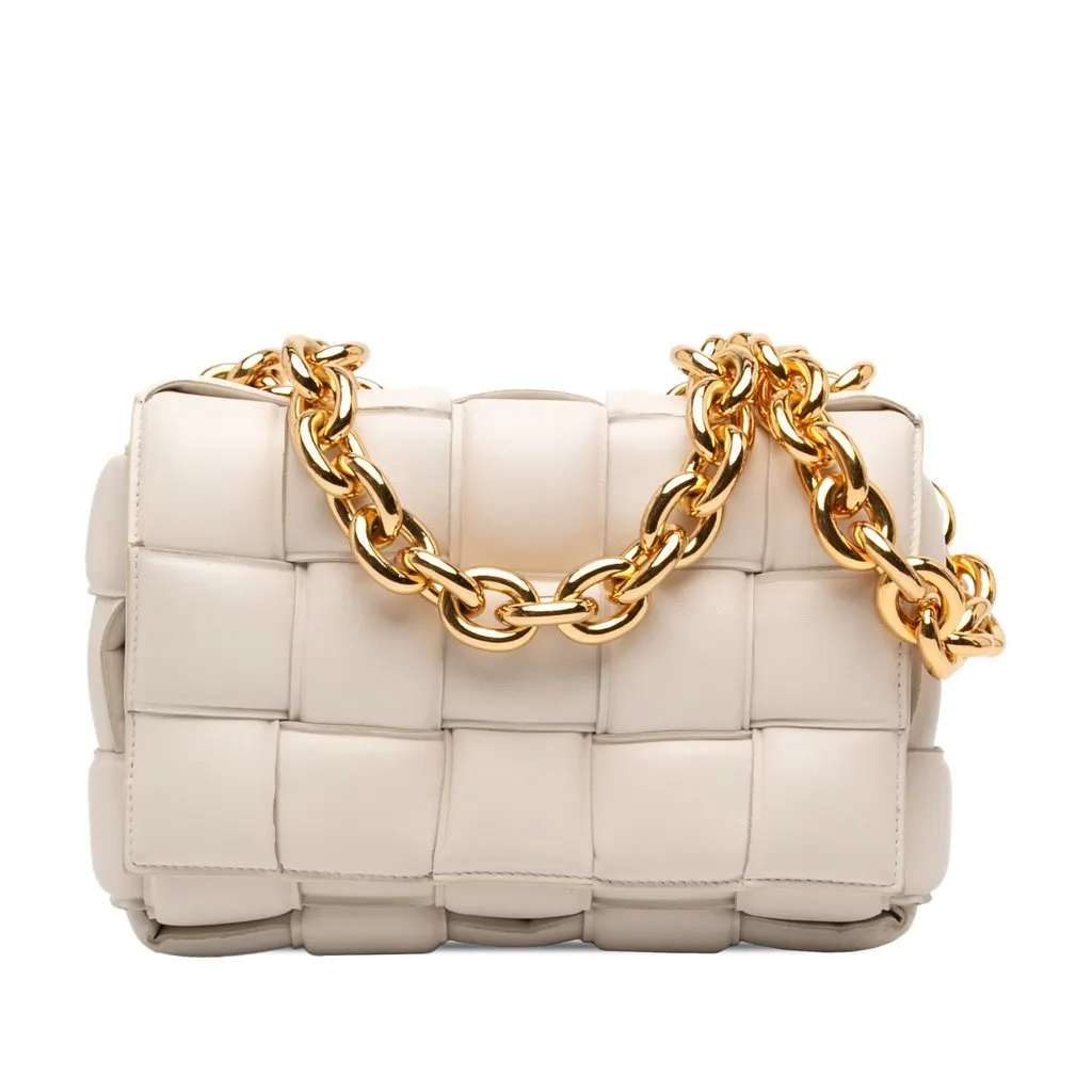 Bottega Veneta Nappa Intrecciato Padded Chain Cassette Satchel White Leather Very good - Front View
