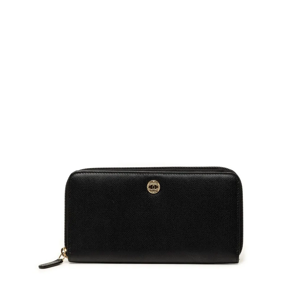 Chanel CC Textured Calfskin Button Zip Around Wallet Black Leather Good - Front View