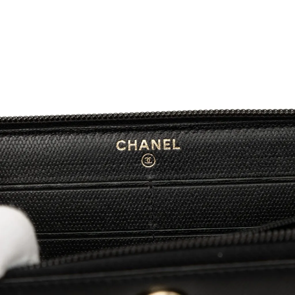 Chanel CC Textured Calfskin Button Zip Around Wallet Black Leather Good - Box View