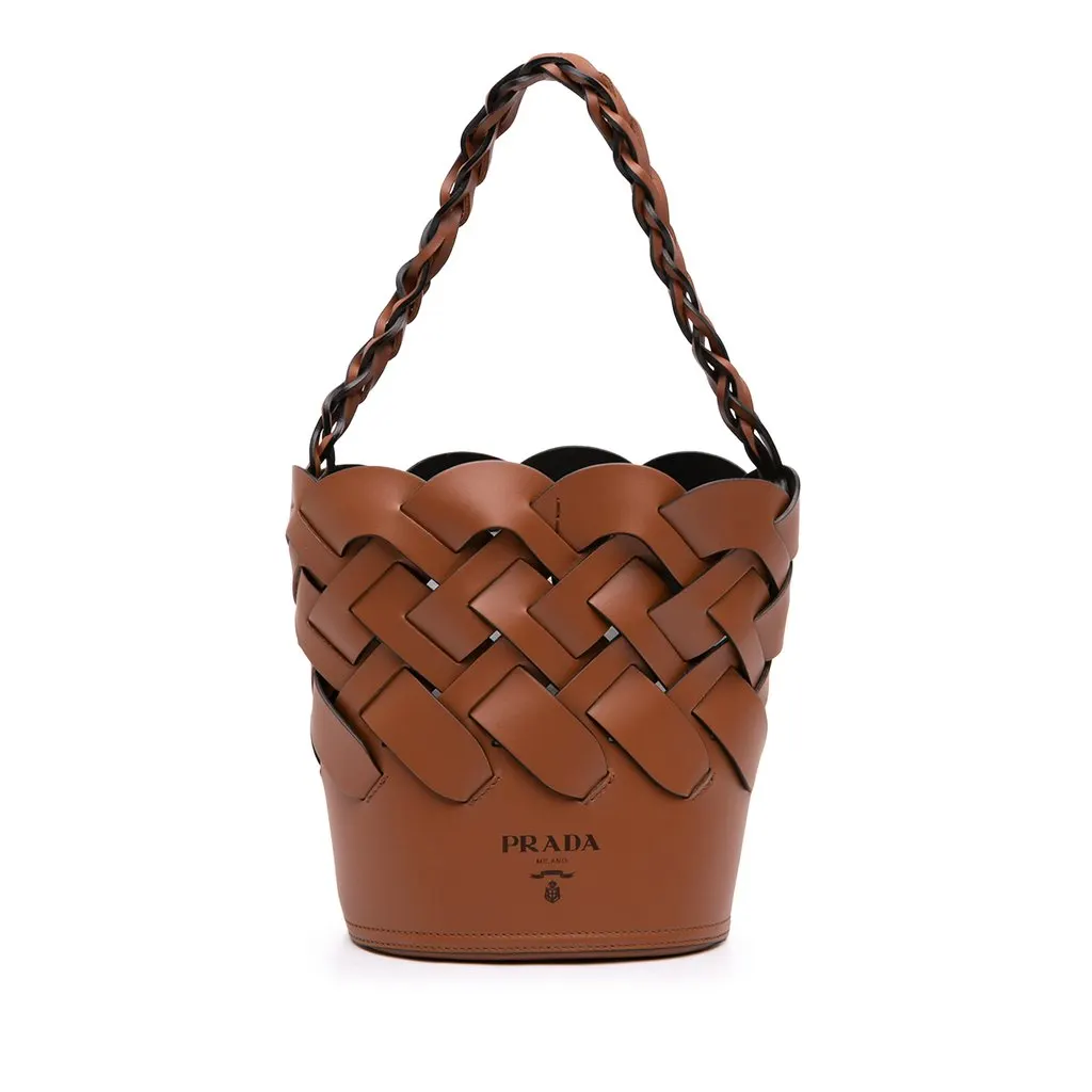 Prada Vitello Intreccio Tress Bucket Bag Brown Leather Very good - Front View