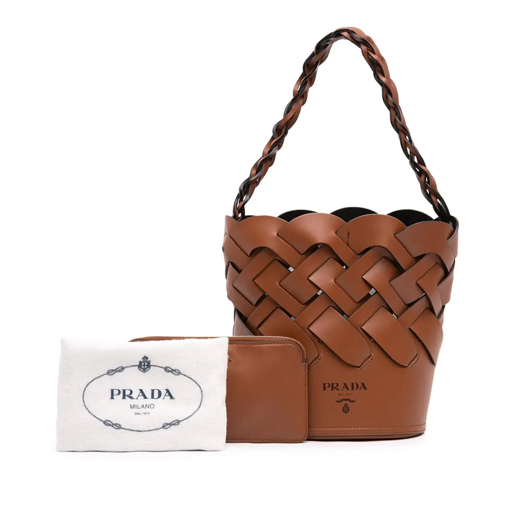Prada Vitello Intreccio Tress Bucket Bag Brown Mini Leather