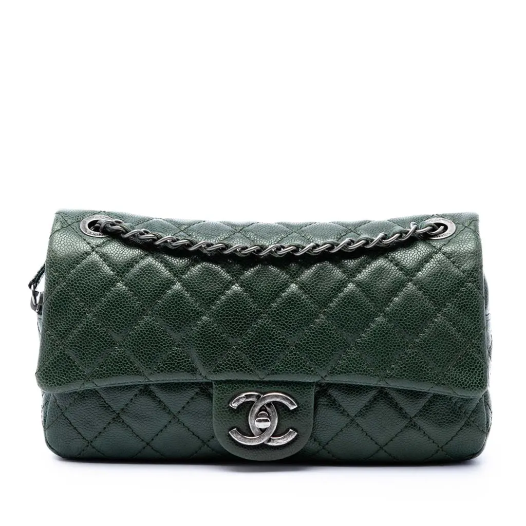 Chanel Medium Quilted Caviar Easy Flap Green Leather Very good - Back View