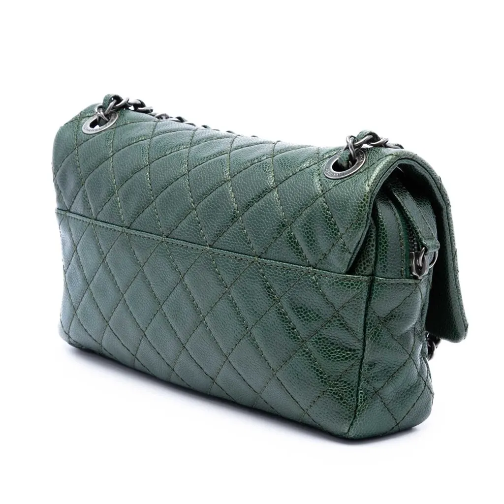 Chanel Medium Quilted Caviar Easy Flap Green Leather Very good - Inside View