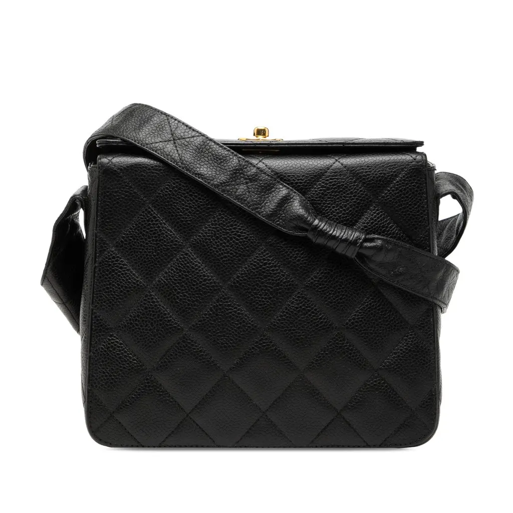 Chanel CC Quilted Caviar Carved Buckle Box Bag Black Leather Very good - Front View