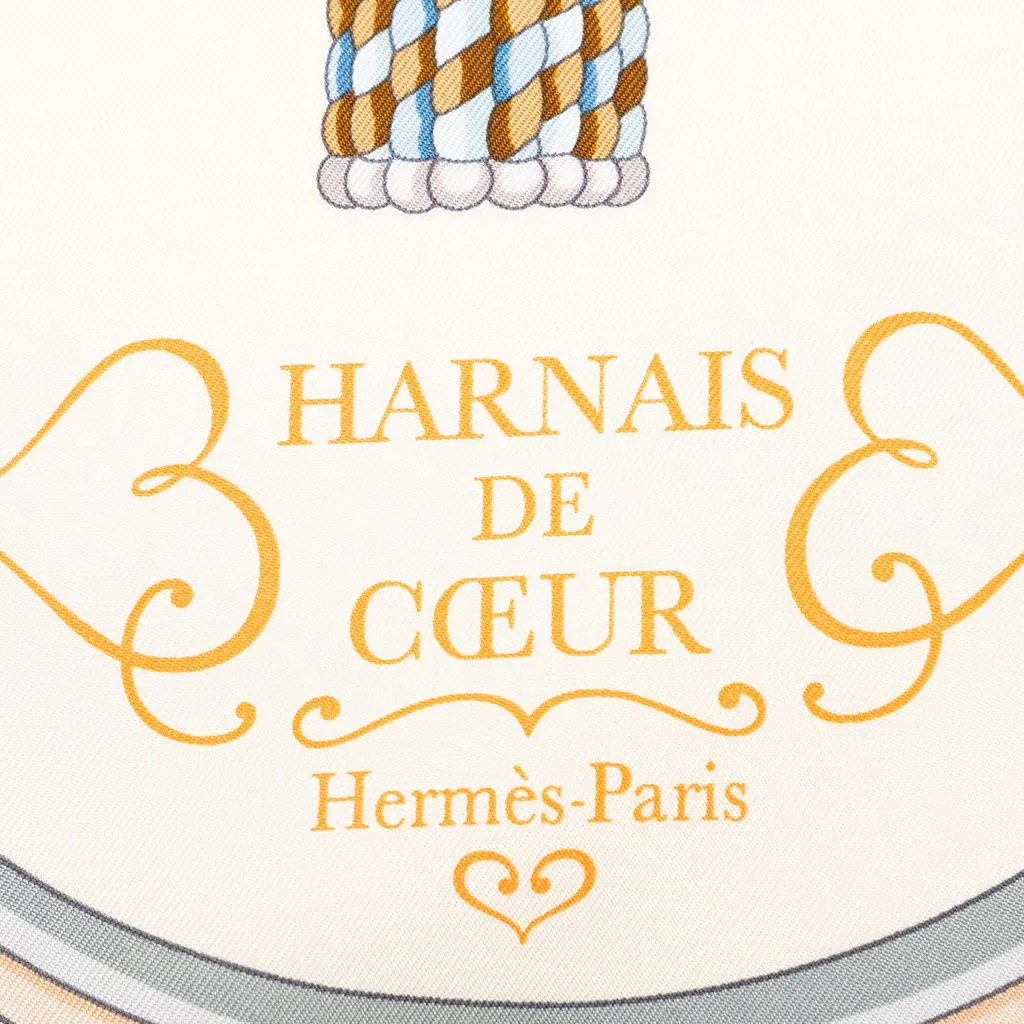Hermès Harnais de Coeur Silk Scarf 90 White Silk Never worn - Box View