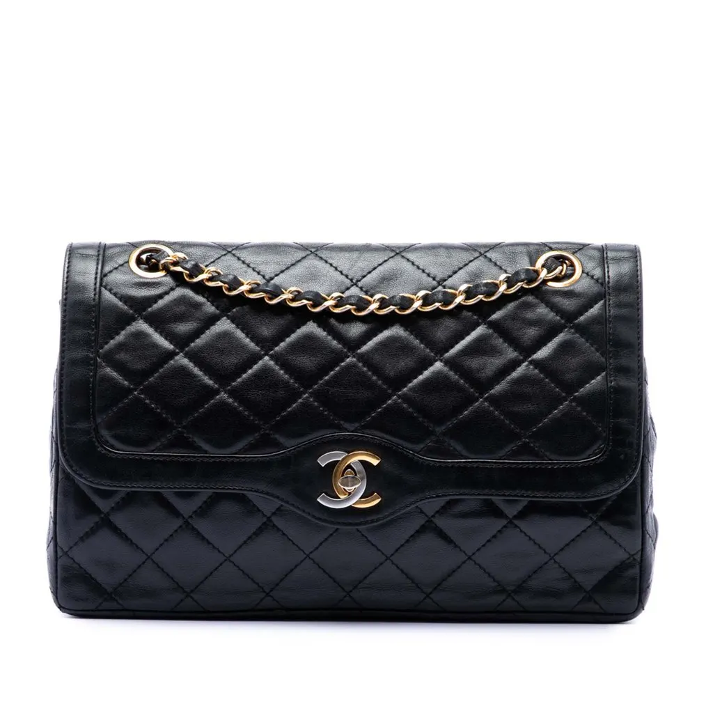 Chanel Limited Edition Paris Quilted Lambskin Double Flap Black Leather Very good - Front View