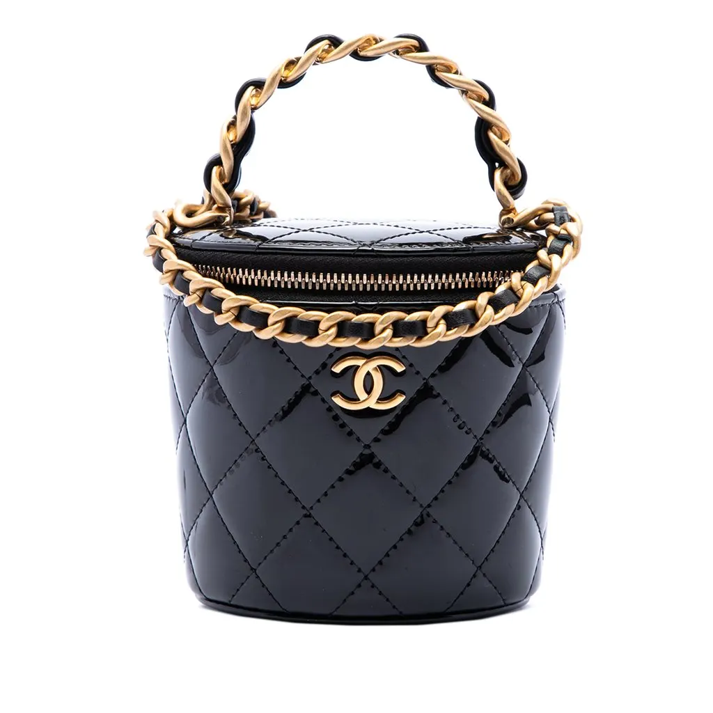 Chanel Quilted Patent Afternoon Tea Top Handle Vanity Case with Chain Black Leather Very good - Front View