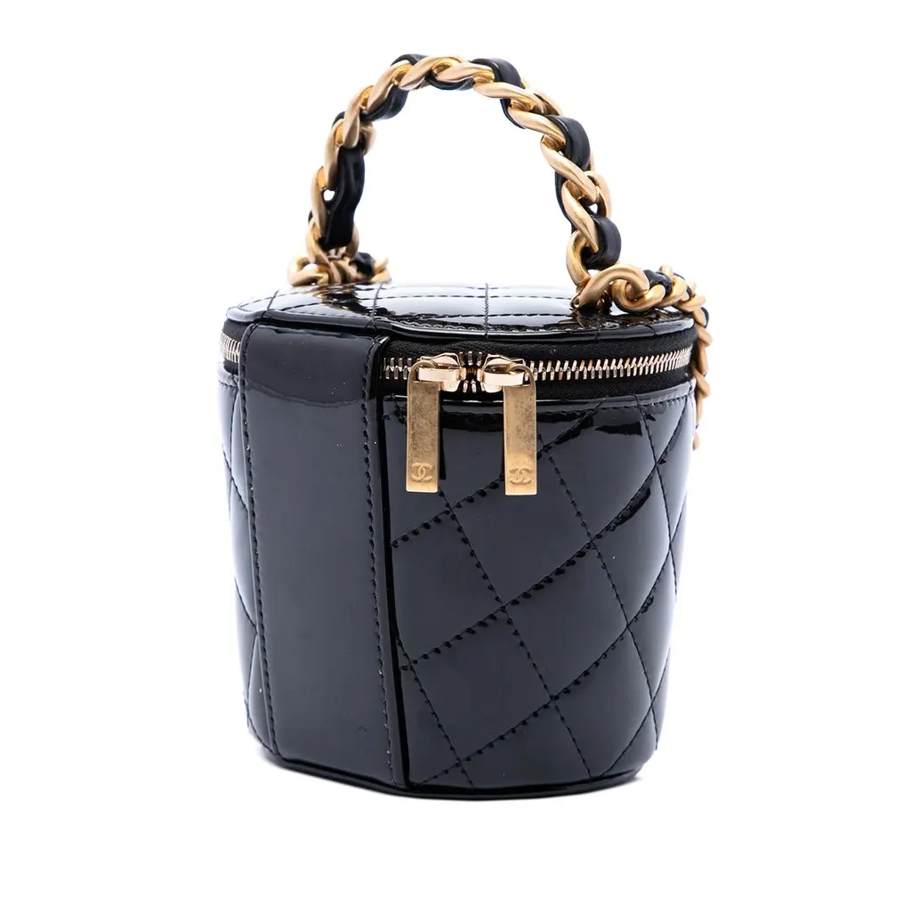 Chanel Quilted Patent Afternoon Tea Top Handle Vanity Case with Chain Black Leather Very good - Back View