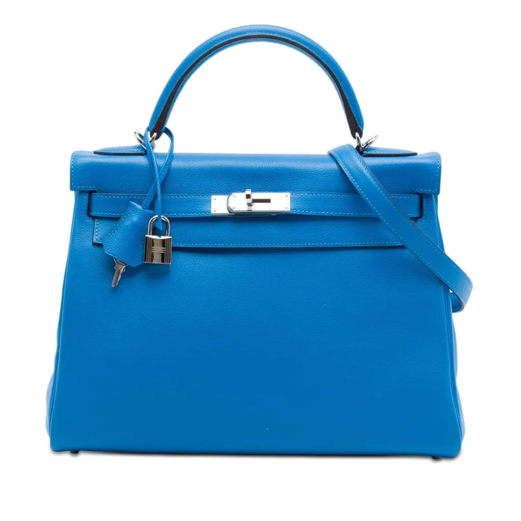 Hermès Clemence Kelly II Retourne 32 Blue Leather Very good - Front View
