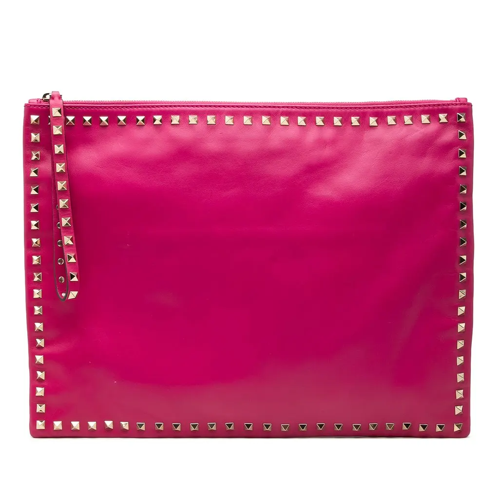 Valentino Large Leather Rockstud Clutch Pink Leather Very good - Front View