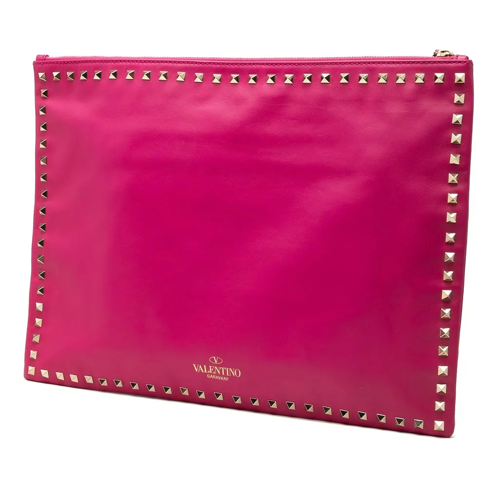 Valentino Large Leather Rockstud Clutch Pink Leather Very good - Back View