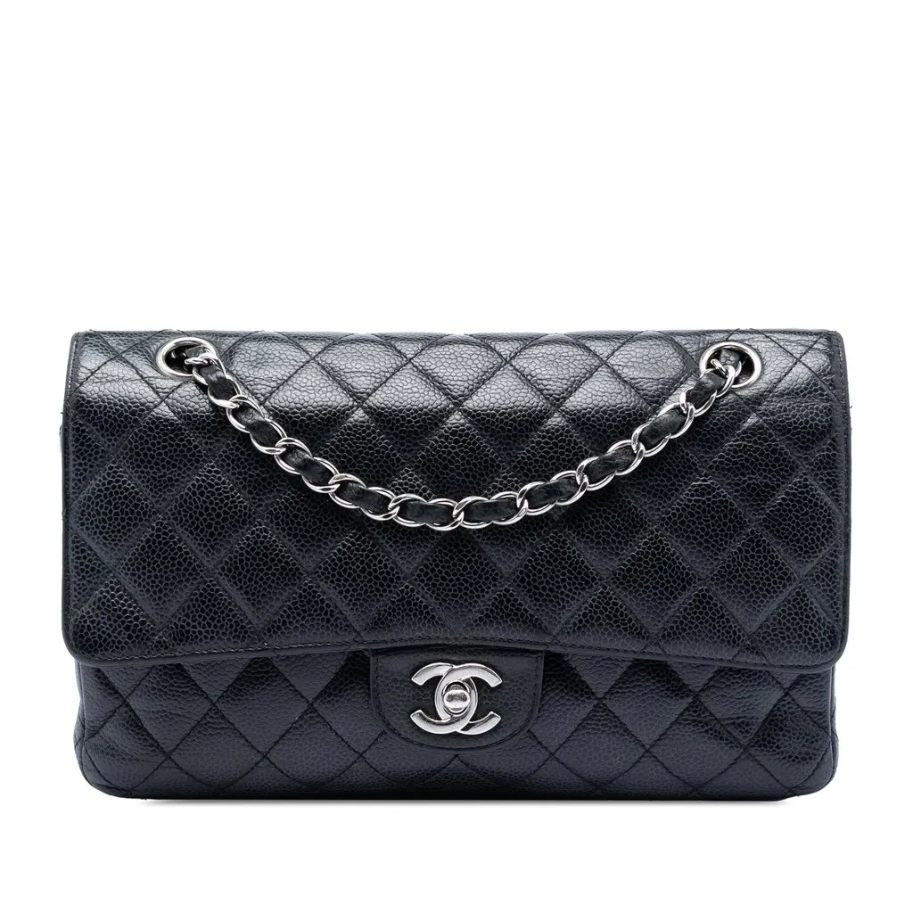Chanel Medium Classic Caviar Double Flap Black Leather Very good - Front View