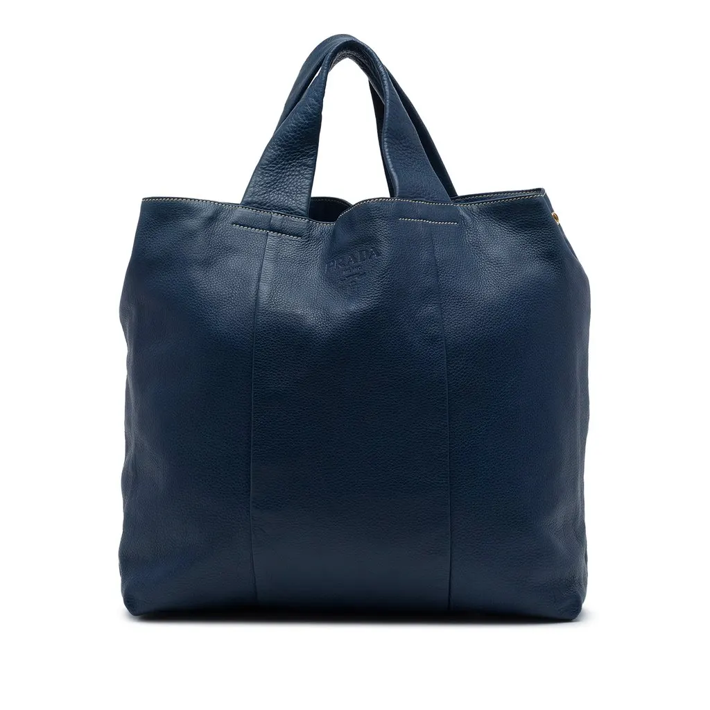 Prada Vitello Daino Shopper Tote Blue Leather Very good - Front View