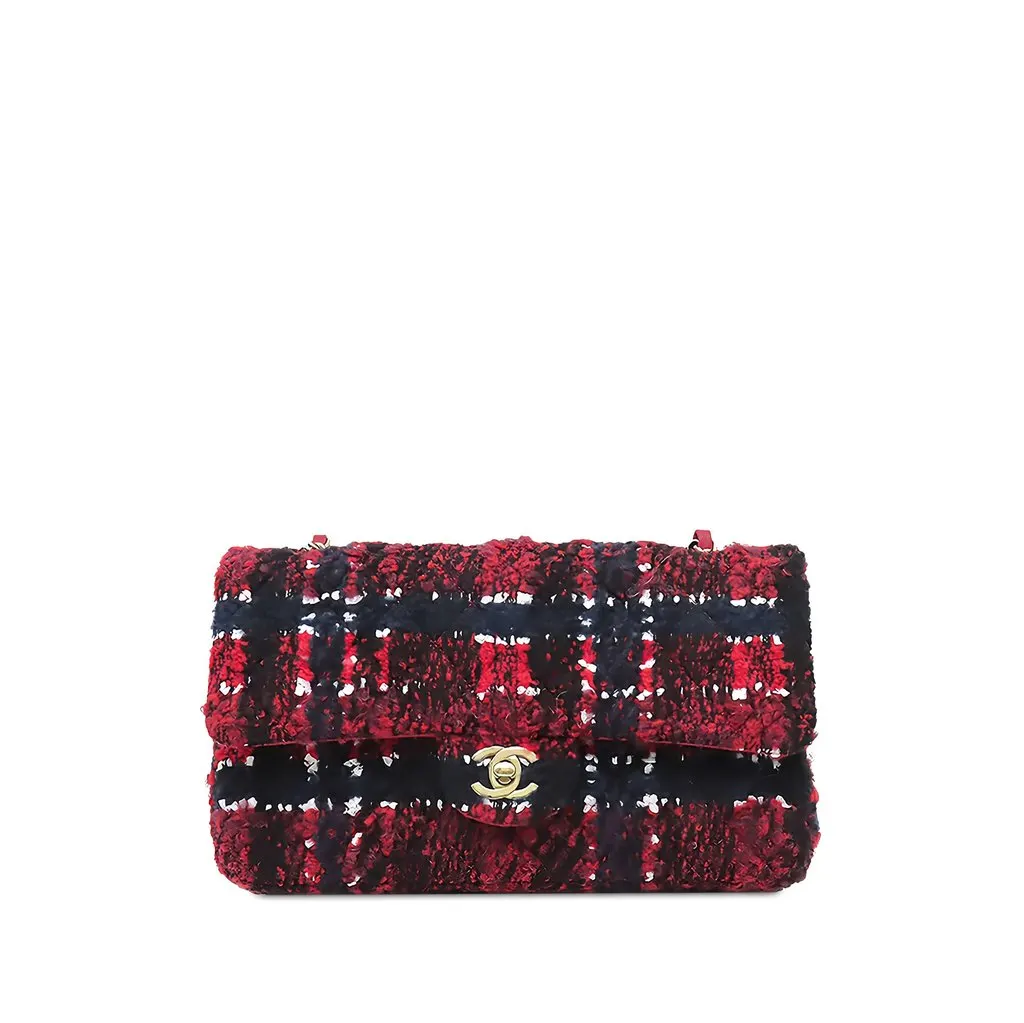 Chanel Medium Classic Tweed Double Flap Red Tweed Good - Front View
