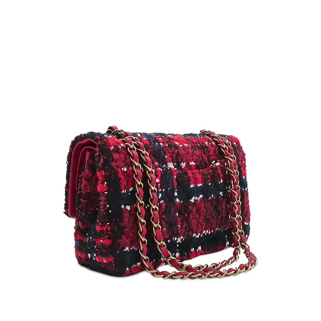 Chanel Medium Classic Tweed Double Flap Red Tweed Good - Back View