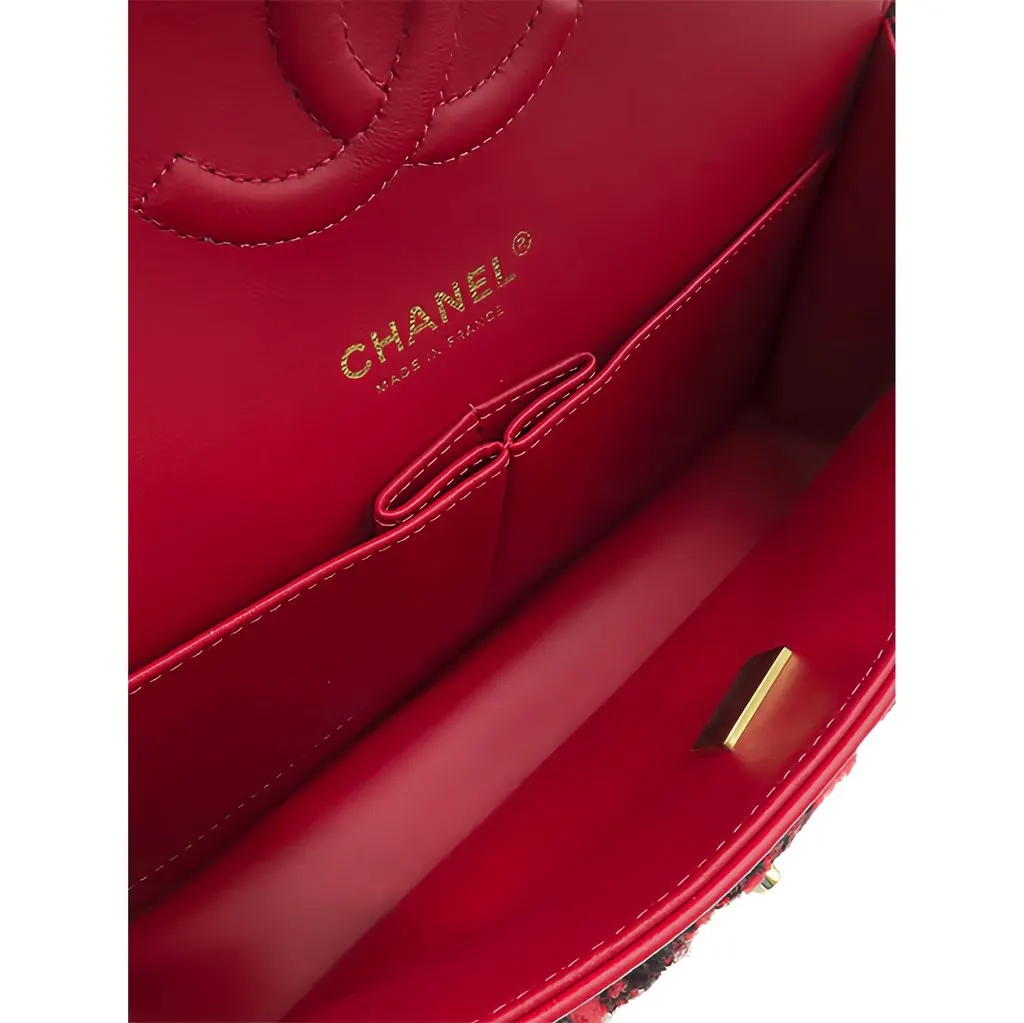Chanel Medium Classic Tweed Double Flap Red Tweed Good - Model View