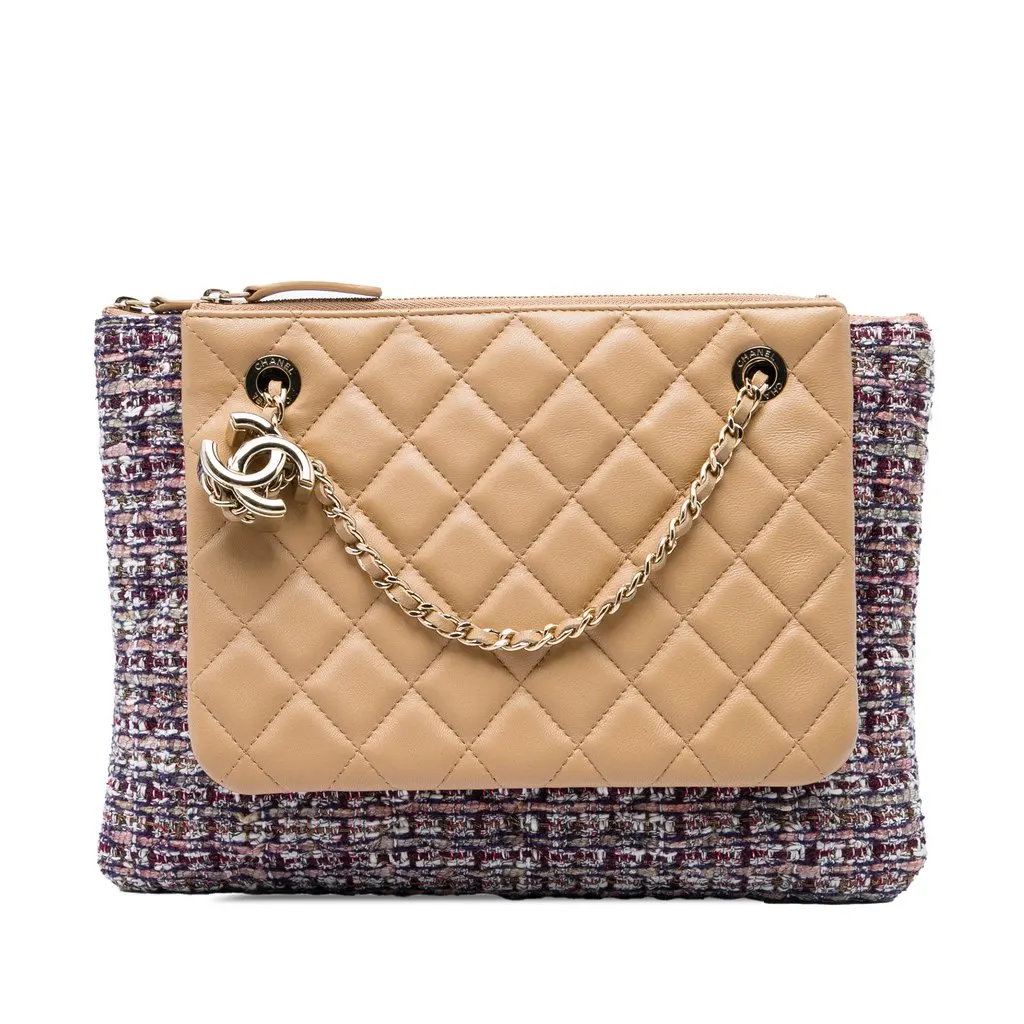 Chanel Quilted Lambskin and Tweed Double Case with Chain Brown Leather Very good - Front View