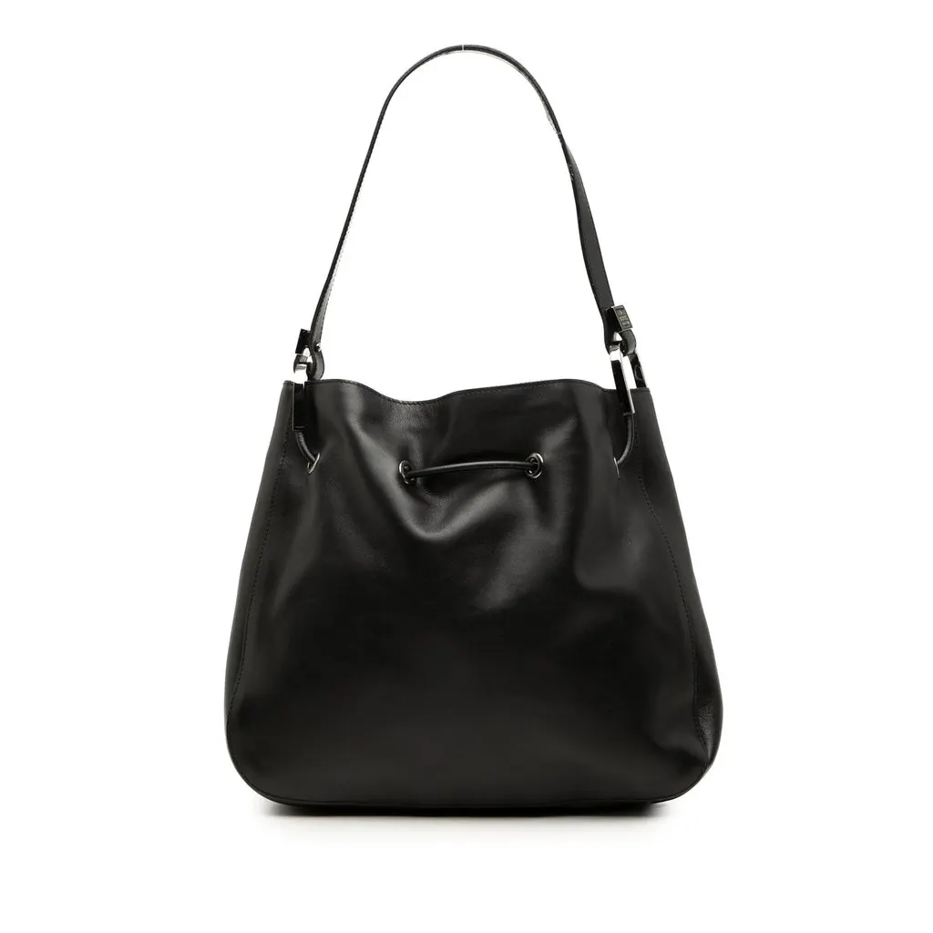 Gucci Calfskin Drawstring Shoulder Bag Black Leather Very good - Front View