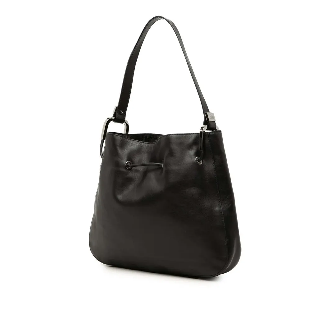Gucci Calfskin Drawstring Shoulder Bag Black Leather Very good - Back View