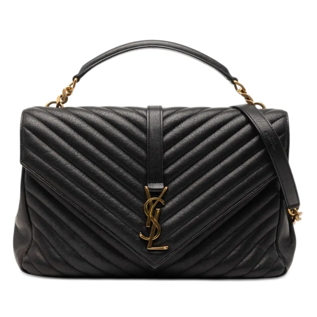 Saint Laurent Large Chevron Sheepskin Monogram College Satchel Black Leather Good - Front View
