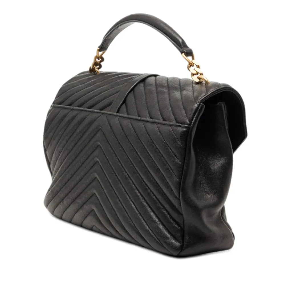 Saint Laurent Large Chevron Sheepskin Monogram College Satchel Black Leather Good - Back View