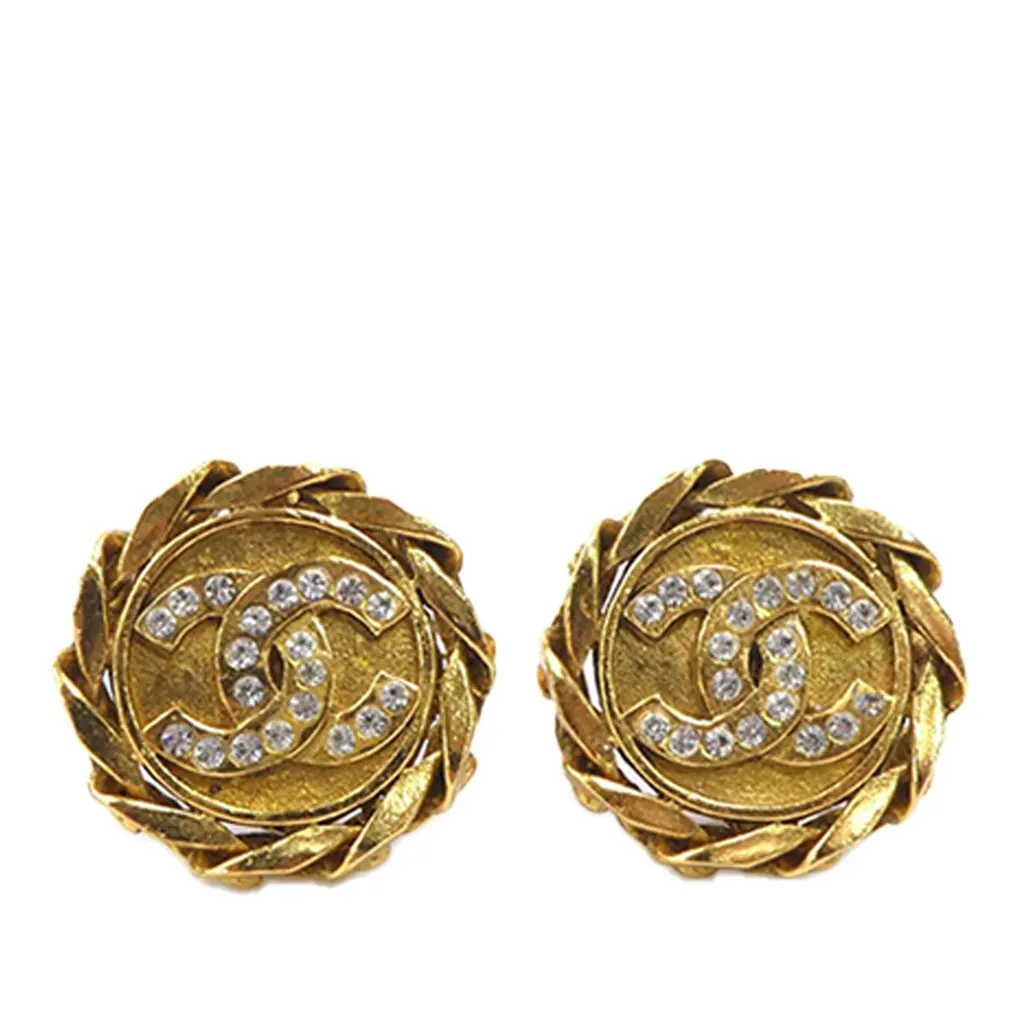 Chanel CC Gold Plated and Strass Round Clip On Earrings Gold Metal Very good - Front View